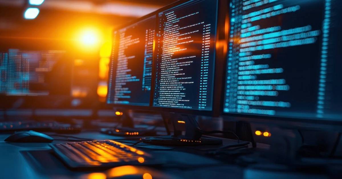 Developer working at multiple monitors in a dark room with warm ambient lighting